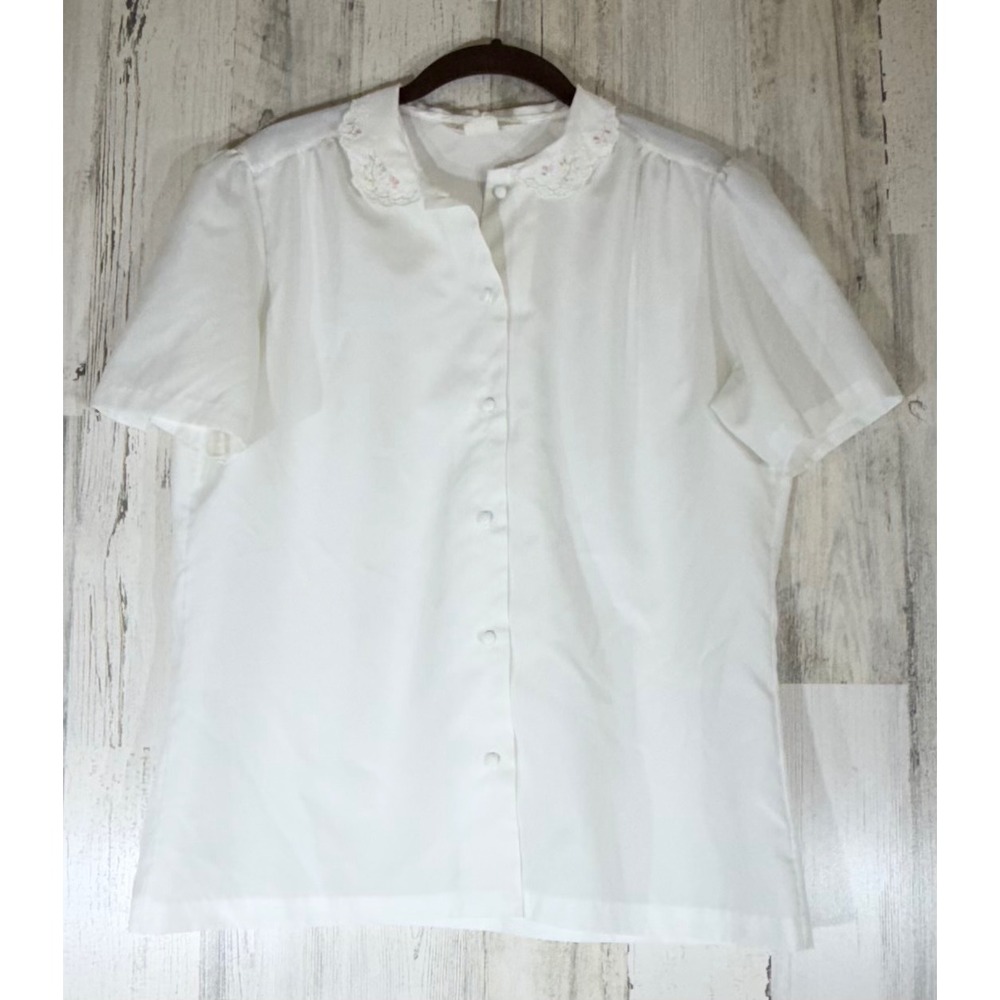 Laura‎ Mae Button Up Blouse 14 White Embroidered Peter Pan Collar Vintage USA